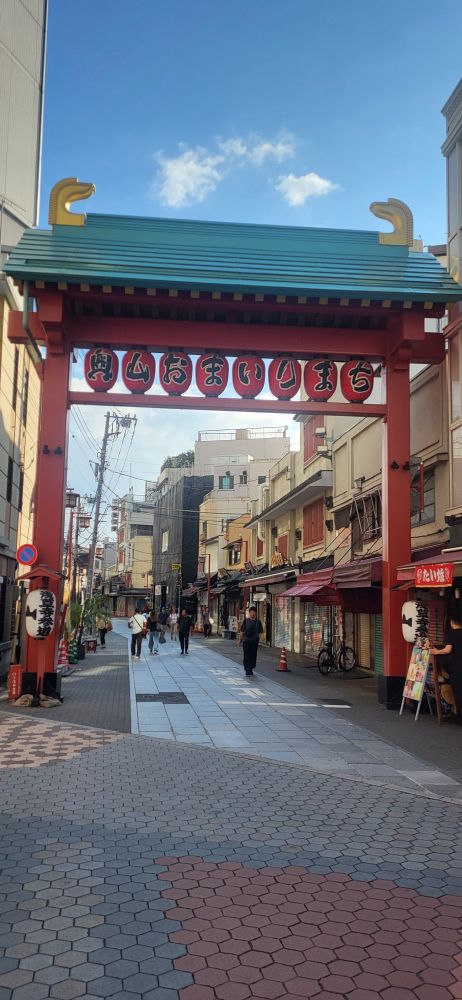 A tall red gate leading into a pedestrian alleyway 