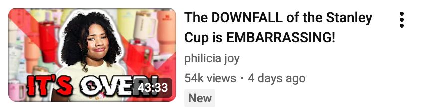 A youtube thumbnail for a vieo titled "The downfall of the stanley cup is embarrassing", it's talking about the actual consumer cup