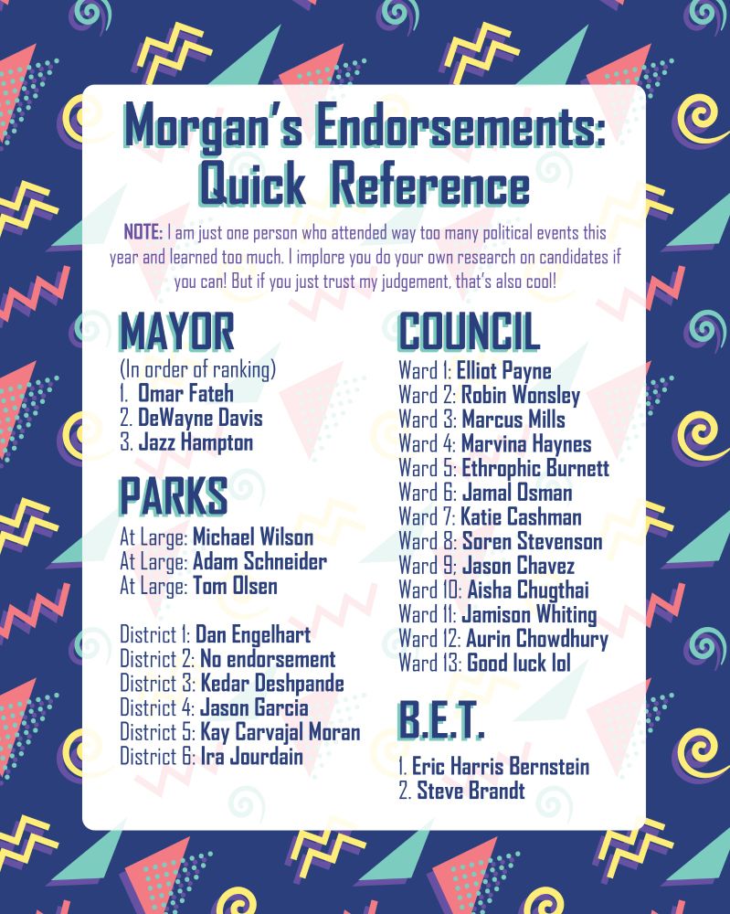 Morgan's Endorsements: Quick Reference

NOTE: I am just one person who attended way too many political events this year and learned too much. I implore you do your own research on candidates if you can! But if you just trust my judgement, that's also cool!

MAYOR

(In order of ranking)

1. Omar Fateh

2. DeWayne Davis

3. Jazz Hampton

PARKS

At Large: Michael Wilson

At Large: Adam Schneider

At Large: Tom Olsen

District 1: 1: Dan Engelhart

District 2: No endorsement

District 3: Kedar Deshpande

District 4: Jason Garcia

District 5: Kay Carvajal Moran

District 6: Ira Jourdain

COUNCIL

Ward 1: Elliot Payne

Ward 2: Robin Wonsley

Ward 3: Marcus Mills

Ward 4: Marvina Haynes

Ward 5: Ethrophic Burnett

Ward 6: Jamal Osman

Ward 7: Katie Cashman

Ward 8: 8: Soren Stevenson

Ward 9; Jason Chavez

Ward 10: Aisha Chugthai

Ward 11: Jamison Whiting

Ward 12: Aurin Chowdhury

Ward 13: Good luck lol

Β.Ε.Τ.

1. Eric Harris Bernstein

2. Steve Brandt