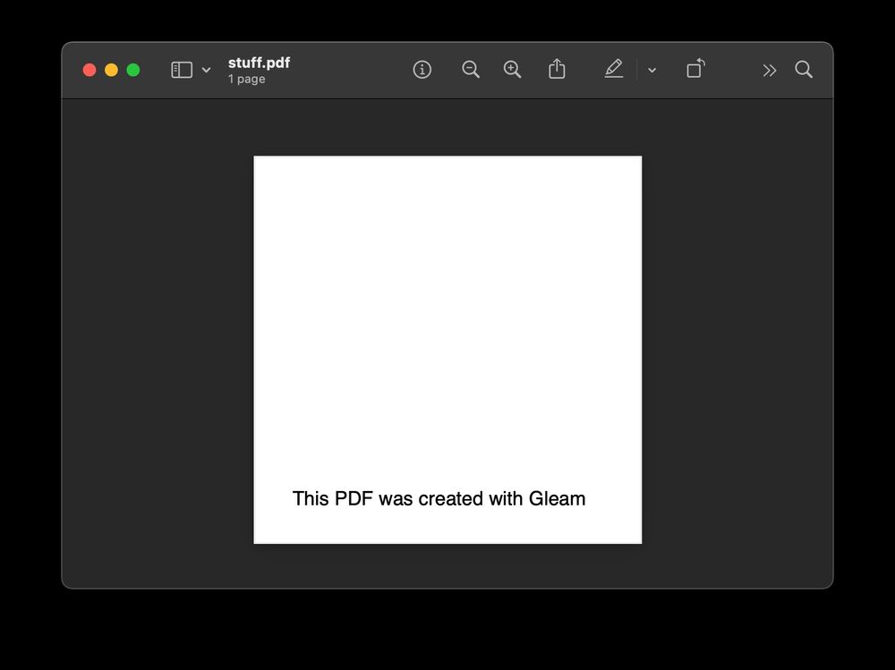 A PDF that says "This PDF was created with Gleam"
