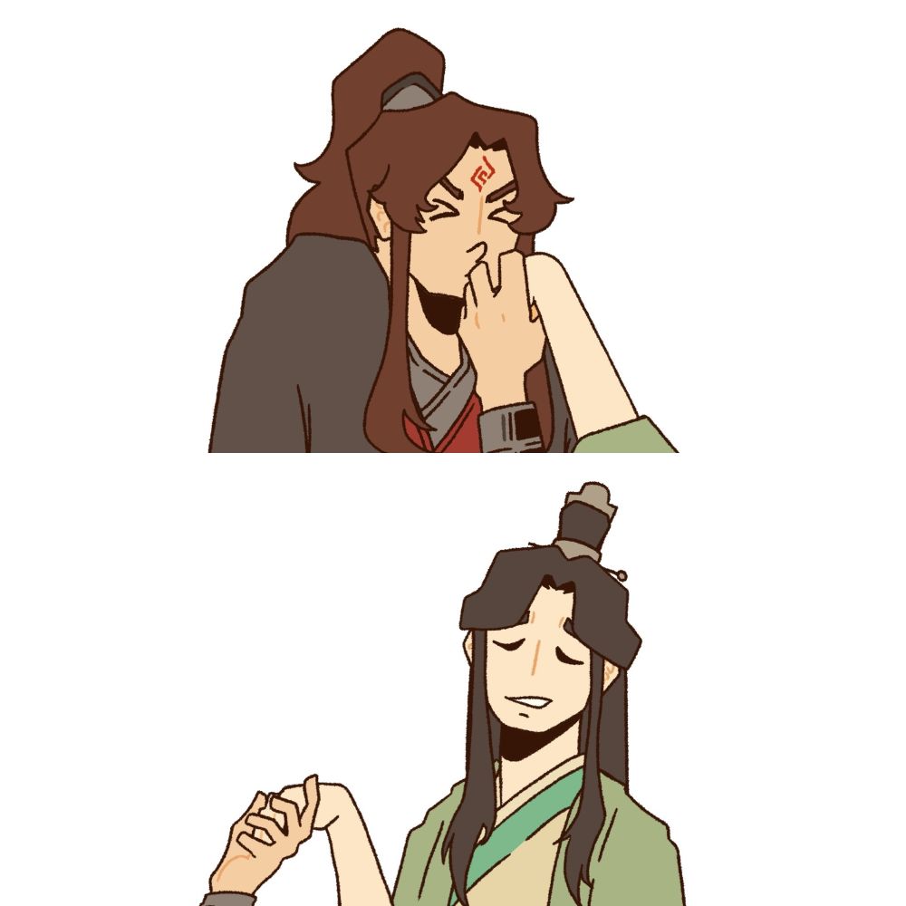Luo Binghe kissing the back of Shen Qingqiu’s hand and Shen Qingqiu sighing with LBH holding his hand