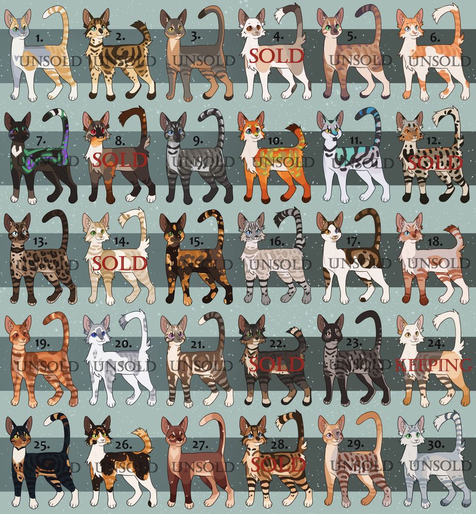 A set of 30 cat different designs on a base by SunglowCrafts.