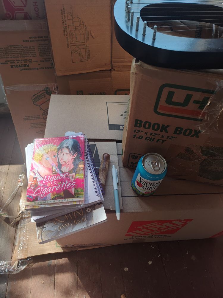 Photo of a pile of cardboard boxes with a can of cider, a notebook, and two books. The top book is titled Liquor and Cigarettes