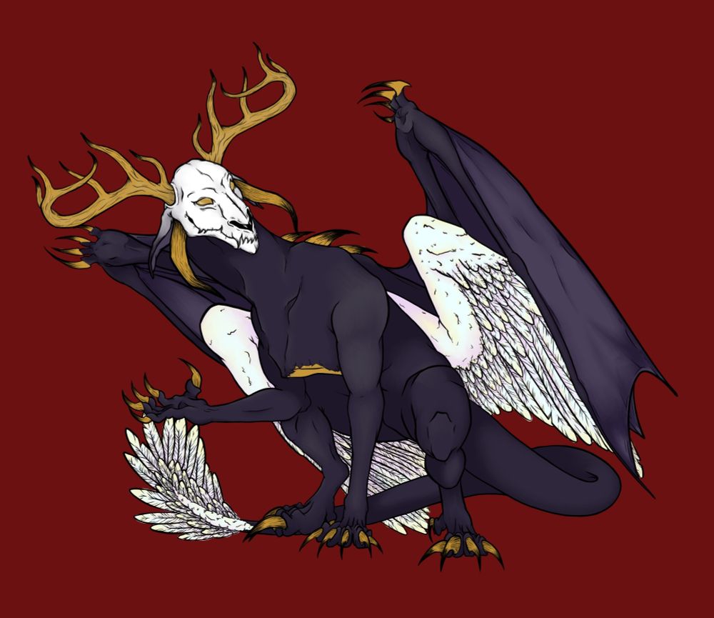 A somewhat draconic creature with greyish skin crouches, looking to the side. It has two sets of wings, one leathery like it's body and the other a pearlescent white feathered pair that matches the feathers in their tail. It's boney protrusions and antlers are all gold, as is it's eyes. 