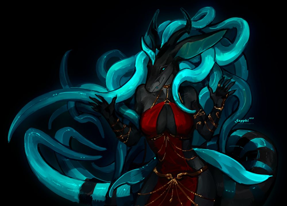 The same creature in a bluer tint. She wears a red revealing outfit and is holding her hands up with palms facing the viewer in a playful way. There are gold accents on her clothes. Art by Sapphiringore