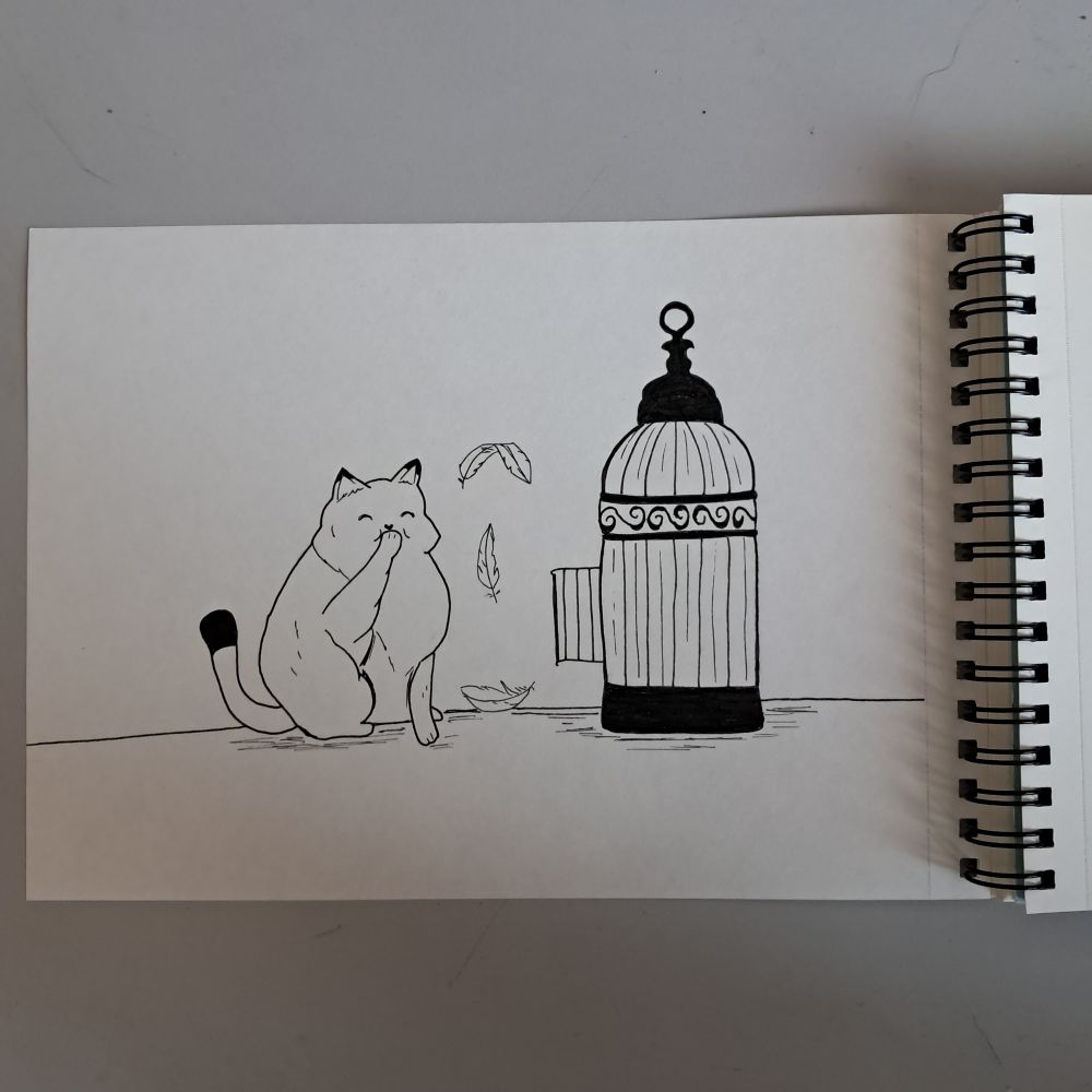 Dibujo de un gato blanco con la punta de la cola y de las orejas negras. Está al lado de una jaula de pájaros con la puerta abierta. De tapa la boca con la zarpa y tiene los carrillos llenos. En el aire, flotan tres plumas.