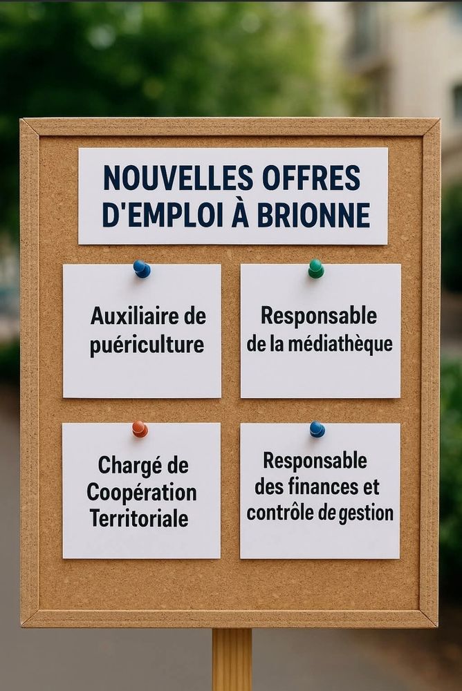 Un panneau en liège fait par ia indiquant "nouvelles offres d'emploi à Brionne
- auxiliaire de puériculture
- responsable de la mediathèque
- Chargé de coopération territoriale
- responsable des finances et contrôle de gestion" 