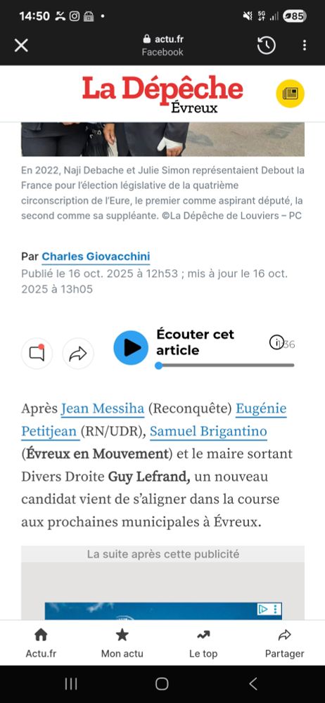 En 2022, Naji Debache et Julie Simon représentaient Debout la France pour l’élection législative de la quatrième circonscription de l’Eure, le premier comme aspirant député, la second comme sa suppléante. ©La Dépêche de Louviers – PC
Par Charles Giovacchini
Publié le 16 oct. 2025 à 12h53 ; mis à jour le 16 oct. 2025 à 13h05

Après Jean Messiha (Reconquête) Eugénie Petitjean (RN/UDR), Samuel Brigantino (Évreux en Mouvement) et le maire sortant Divers Droite Guy Lefrand, un nouveau candidat vient de s’aligner dans la course aux prochaines municipales à Évreux