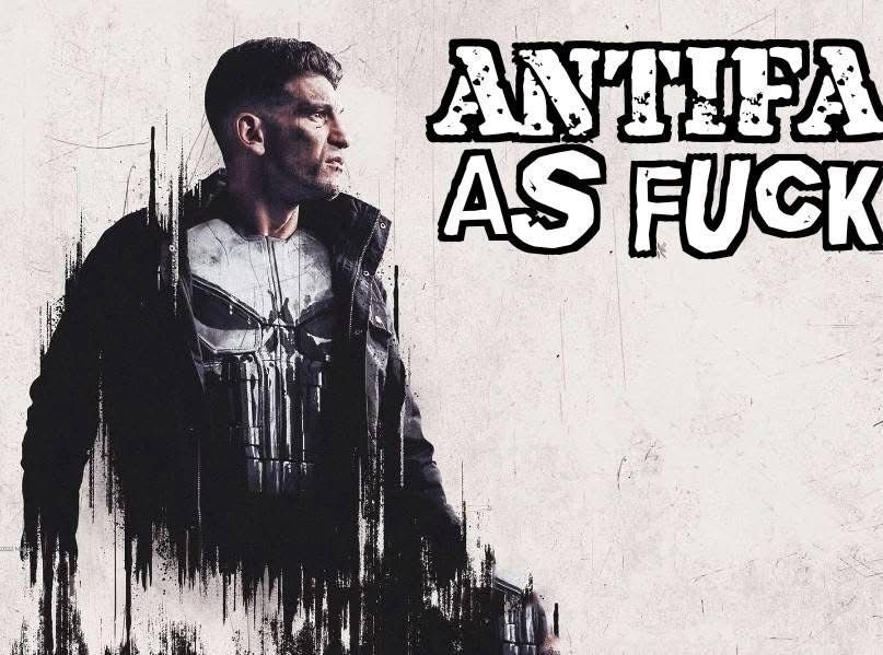 Text reads 
AntiFa as fuck with a picture of 
The punisher 
