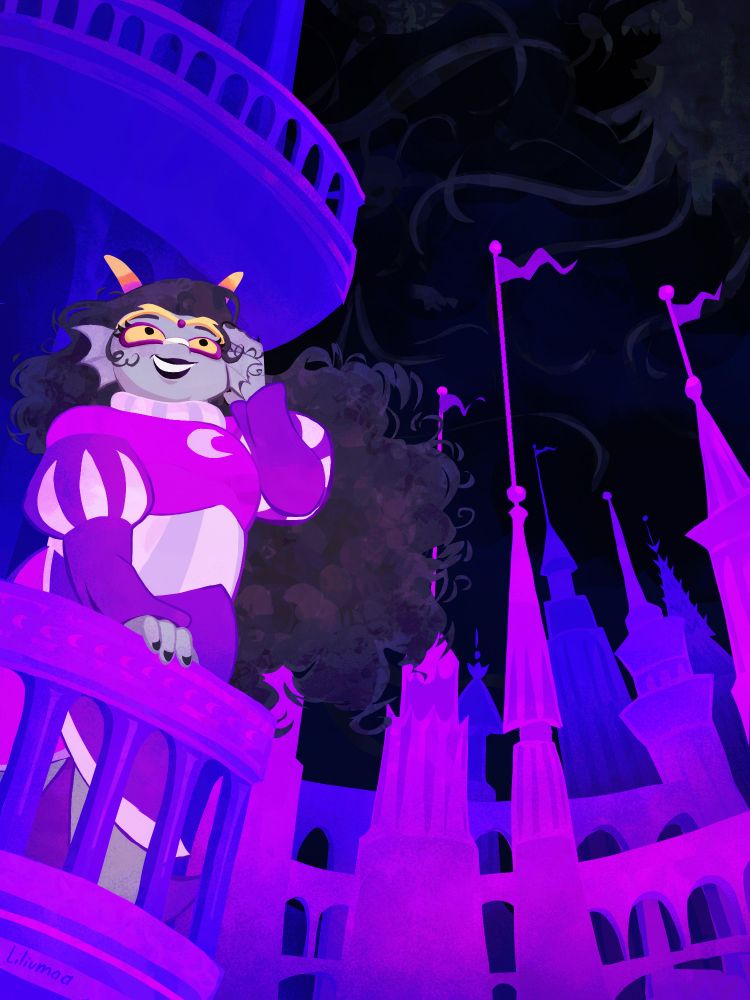 Feferi Peixes stands on the balcony of a building in Derse, wearing her Derse dreamer outfit. She is smiling and looking up at the sky while her hair blows in the wind, one hand on the balcony railing and the other tucking her hair behind her ear.