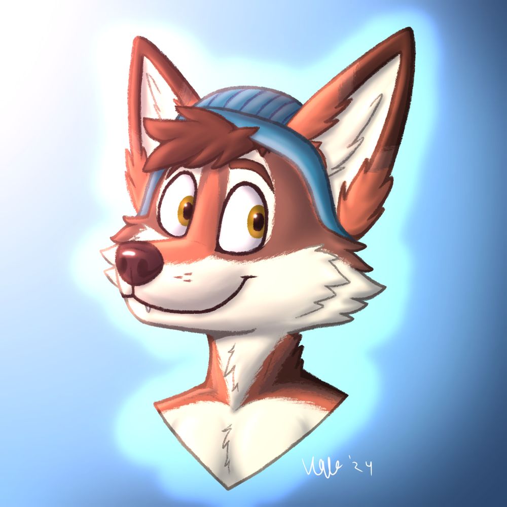 Bust portrait of a cartoon anthropomorphic coyote wearing a blue beanie