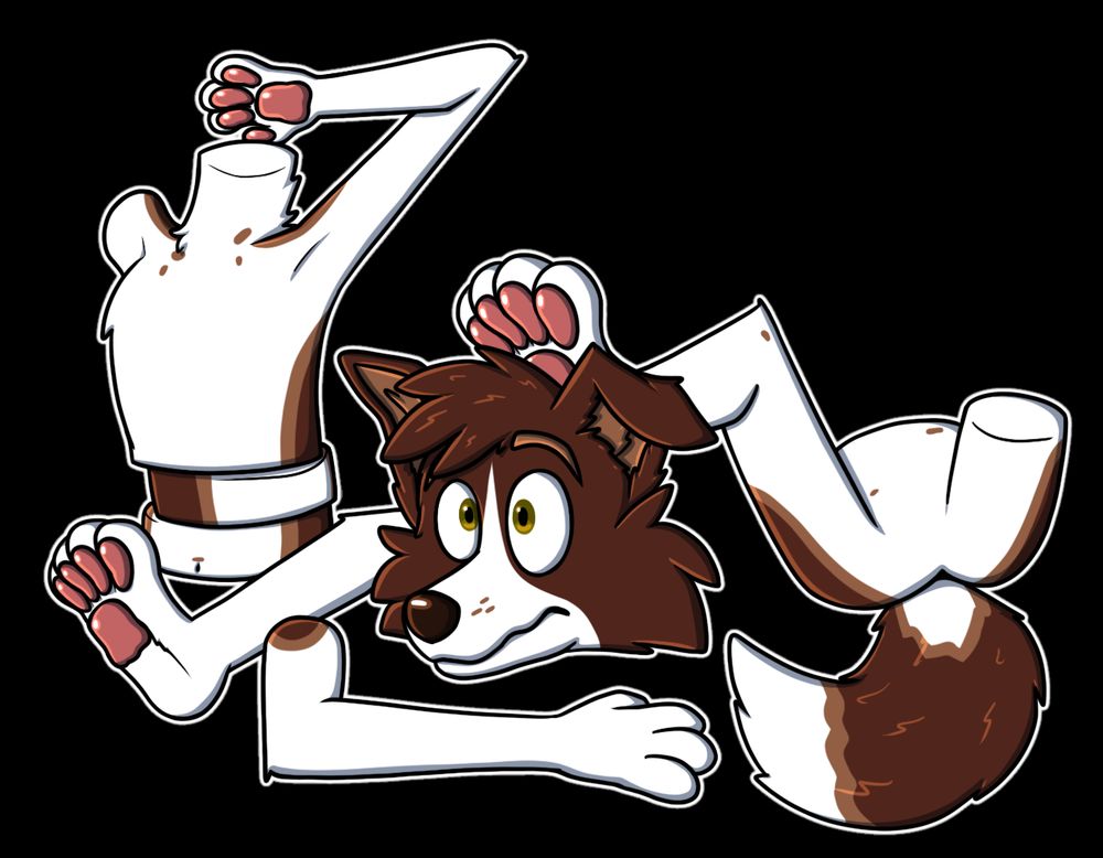 A toony anthropomorphic border collie having fallen into pieces, discombobulated at what has happened