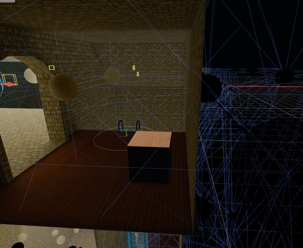 Showcase of the described scenario, a chest close to the wall of a room is being lit on some sides by lightmap probes outside the scene geometry, making the darker than what realistic global illumination in those spots would look like.