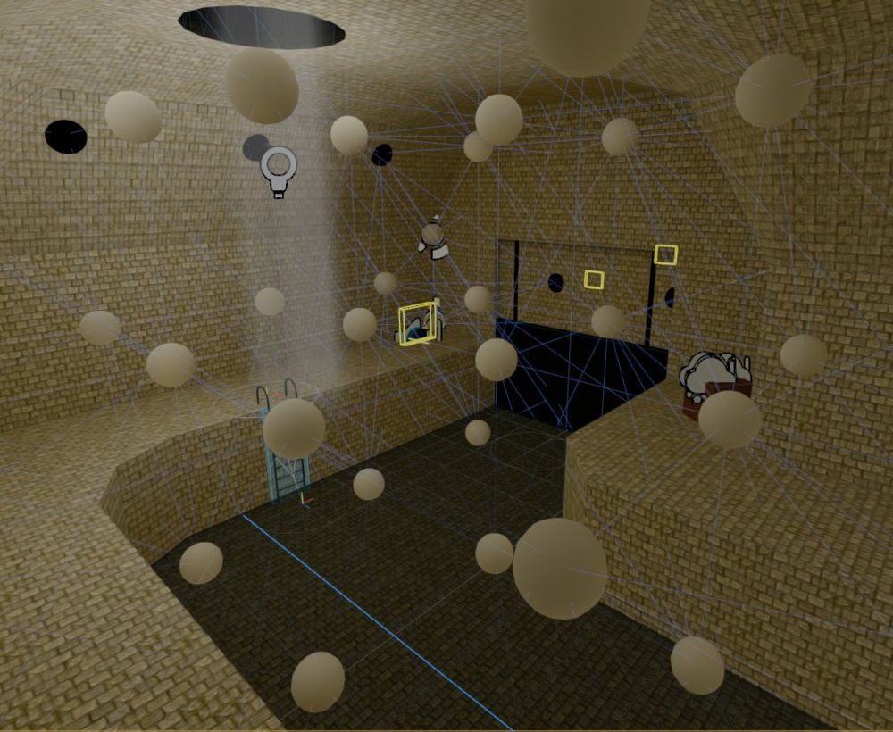 Screenshot of a sewer environment in the Godot editor with a regular grid of lightmap probes, represented by spheres which show the color that has been calculated for the light at that position.