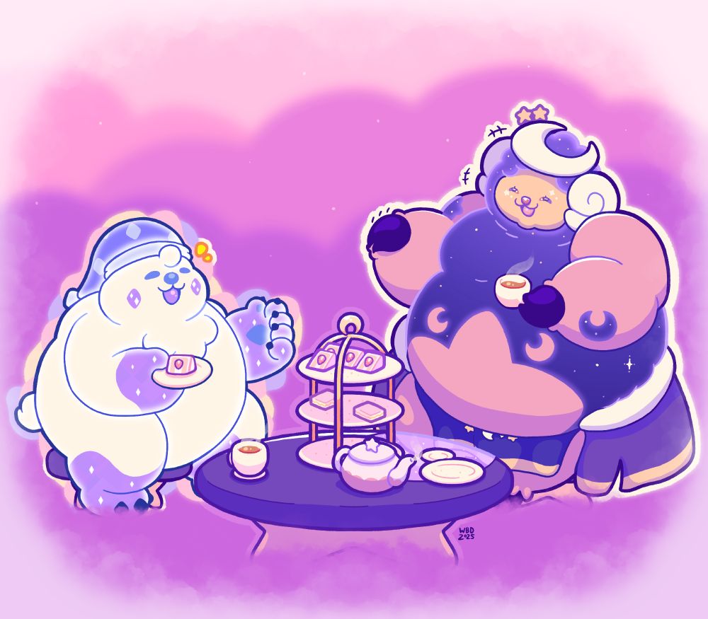 Westy the polar bear (His consciousness) and Somna the sheep/dream maiden sitting together in a dreamy-cloudy environment having tea and treats. Westy is chatting up something funny, while Somna is giggling in response. Both of them can be seen holding something. Westy is carrying a plate with a piece of cake on it, while Somna is steadily holding a cup of tea.

The table has several objects on it. Some plates, a teacup, a teapot, and a three-tiered tray with two sandwiches and four pieces of cake. Crumbs can be seen on the tray, as if some of them were already eaten.