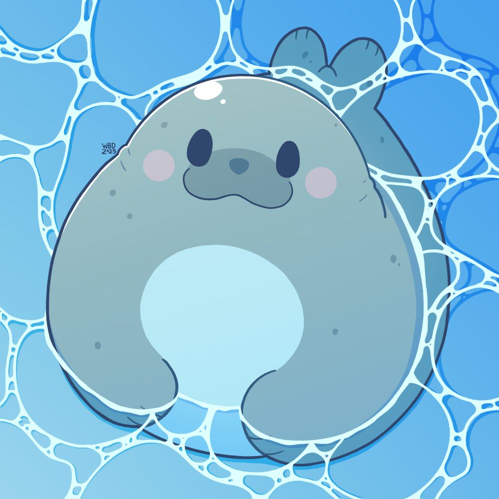 An illustration of a seal with feint rosy cheeks chilling in the water. Their upper body is arched up looking at the sky.