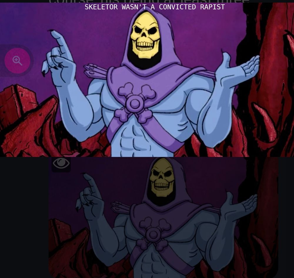 Picture of Skeletor with caption that reads, "Skeletor wasn't a convicted r*pist".