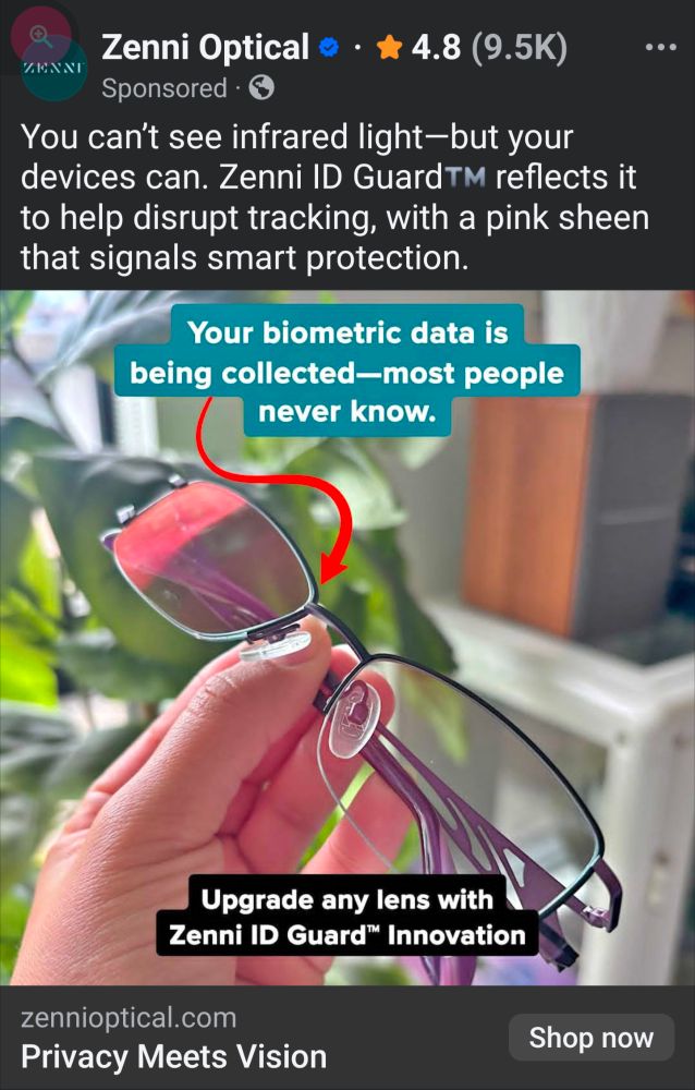Eyeglasses with a coating that reflects infrared light to disrupt devices tracking what you look at on your screen.