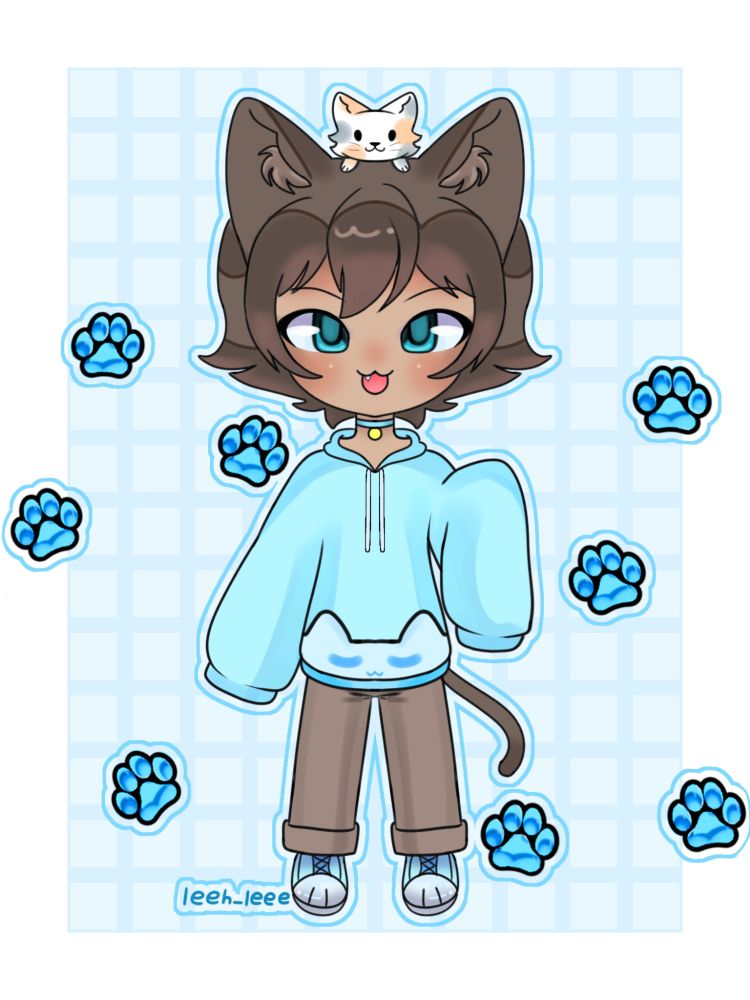 Desenho de um Garoto gato fofo com um gato na cabeça