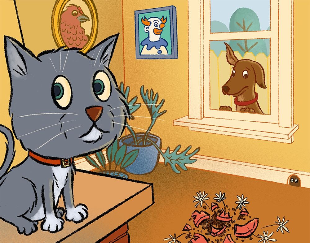 A gray cat looks guilty as he sits above a broken planter. Meanwhile, a dog witnesses the scene from outside. 