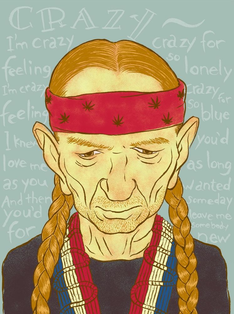 An illustration of Willie Nelson with the lyrics of “Crazy” in the background. 