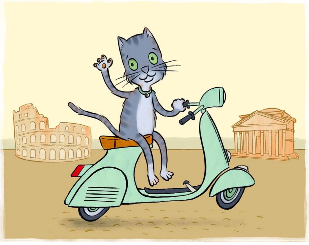 A gray cat waves as he drives past on an Italian scooter. 