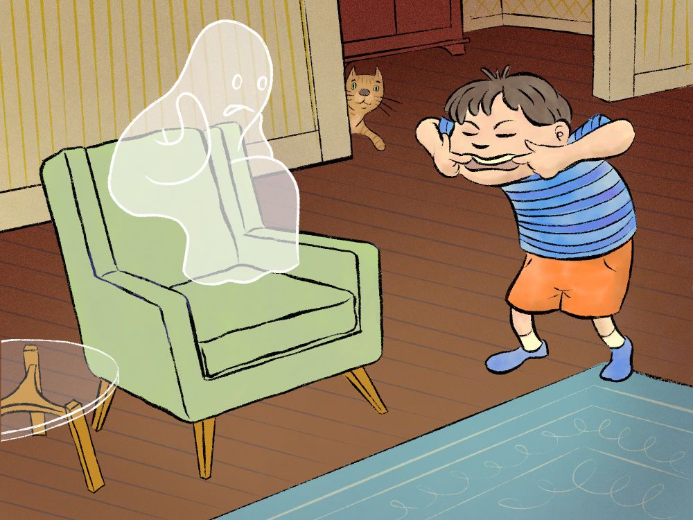 An illustration of a boy trying to teach a ghost to be scary. 