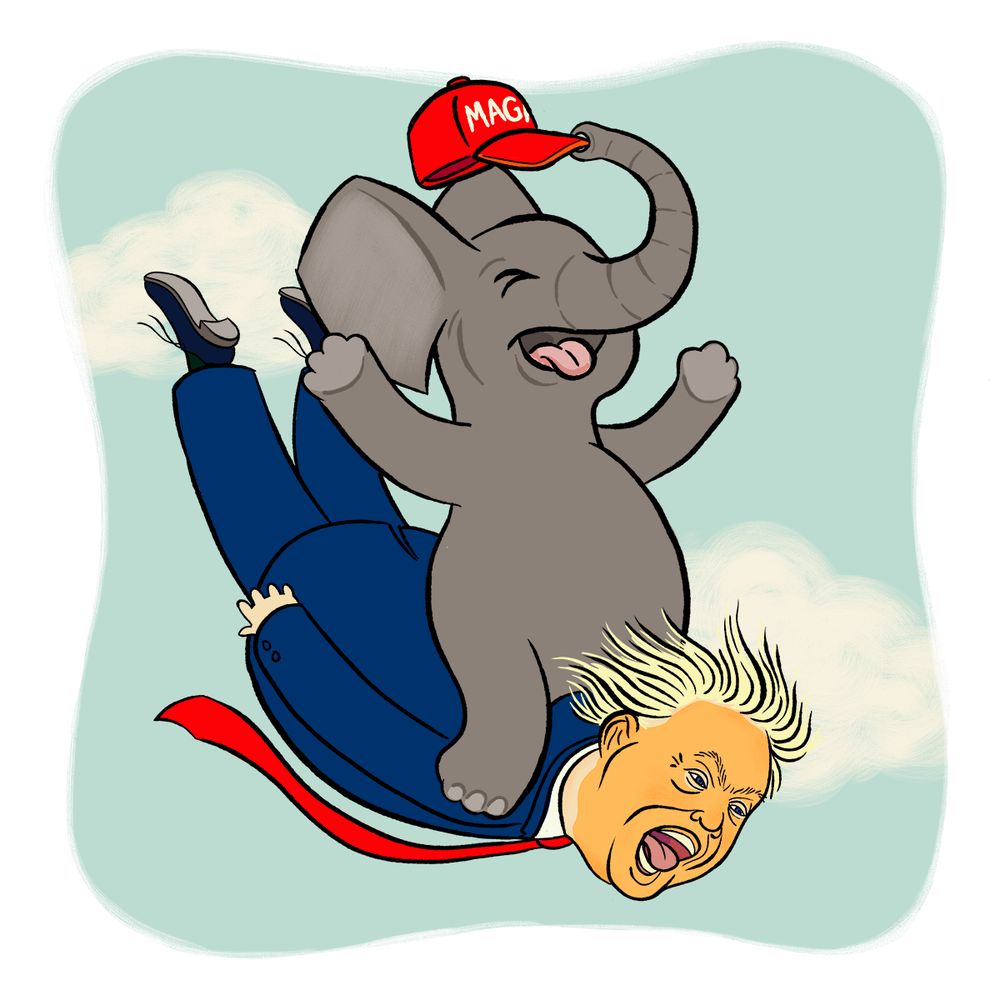 A Republican elephant with a MAGA hat rides on Trump's back as he falls from the sky.