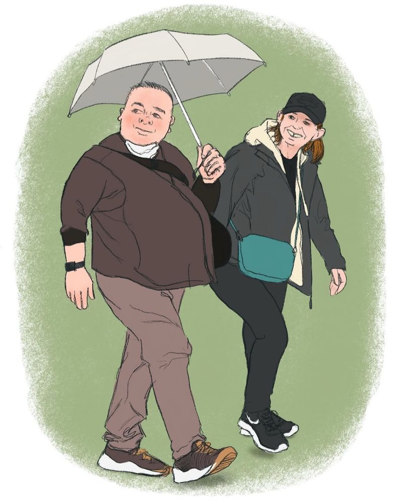 A digital sketch of a couple walking in London. A man is holding an umbrella and a gap-toothed woman smiles broadly. 