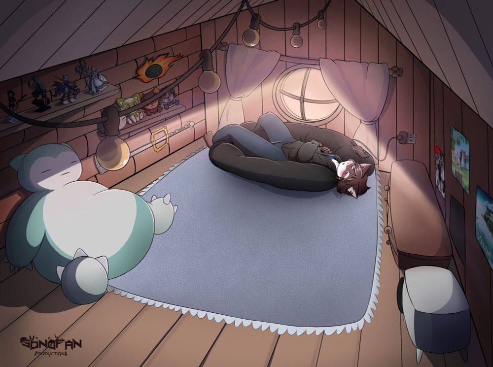 An brown and blue anthropomorphic cat sleeping on a human sized cat bed in an attic loft, light coming in from the window. Around him are various posters, plushies, figures, and objects from different games and anime, such as Frieren, Kill La Kill, Pokemon, Kingdom Hearts, and Yu-Gi-Oh! as he sleeps peacefully 