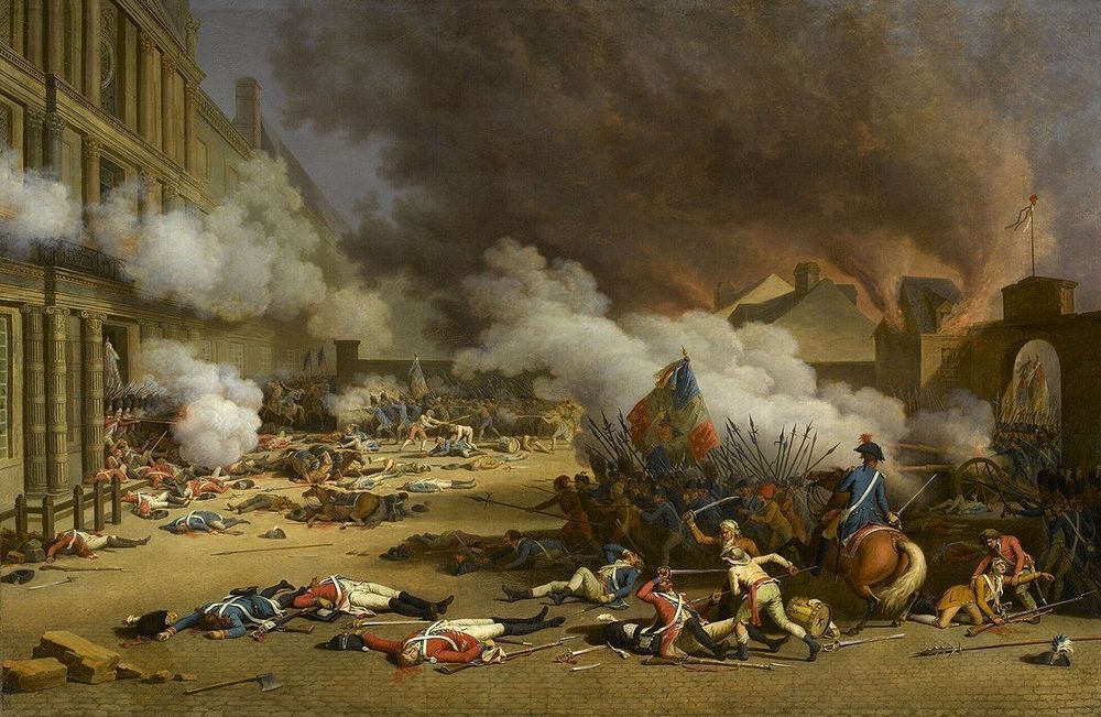Tableau représentant la prise des Tuileries, illustrant une scène de bataille intense avec des soldats et des civils en plein combat. La fumée et le chaos dominent la scène, avec des bâtiments en arrière-plan.