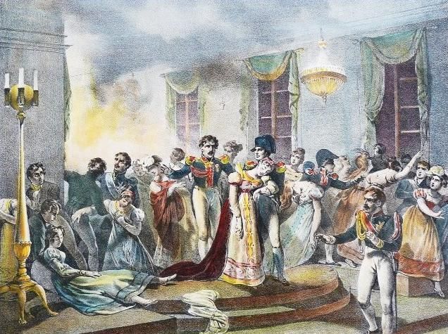 Illustration représentant le déclenchement de l'incendie de l'ambassade d'Autriche à Paris le 1er juillet 1810. La scène montre des flammes et de la fumée, avec des personnages en tenue d'époque réagissant au chaos. L'animation de la scène capture l'intensité dramatique de cet événement historique.