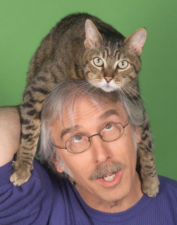Photo de Peter Alsop, portant des lunettes, avec un chat tabby aux rayures distinctes et aux yeux alertes, perché sur sa tête. Il porte un pull bleu et a des cheveux gris. L’arrière-plan de l’image est d’une couleur verte uniforme.
