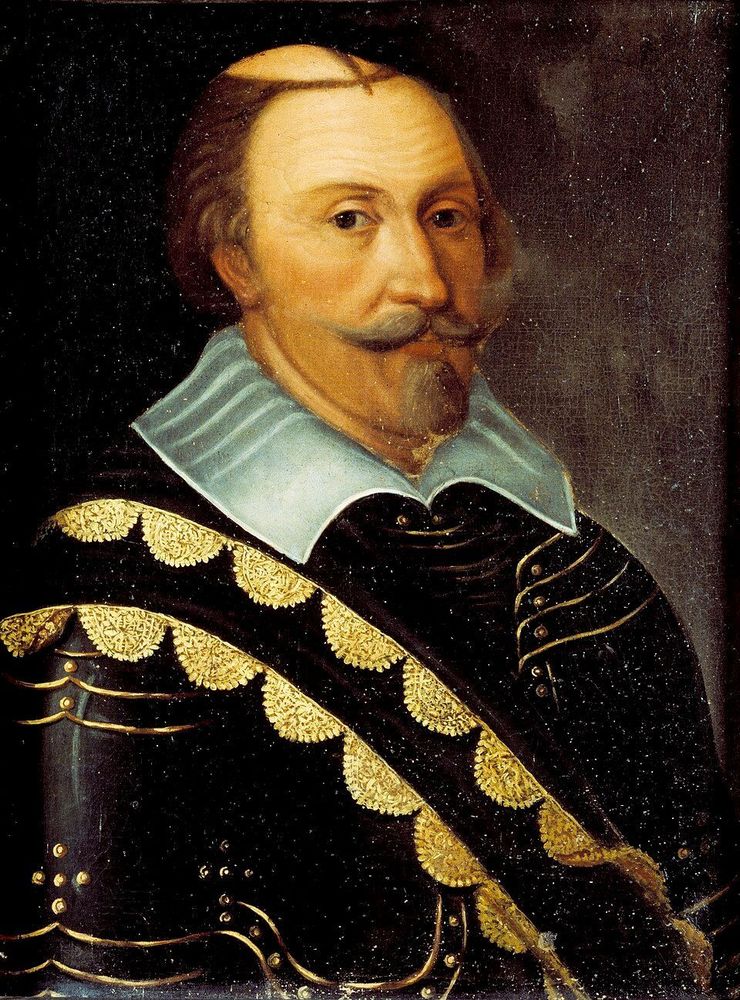 Peinture à l'huile représentant le roi Charles IX de Suède, représenté avec les cheveux bruns courts et la moustache fournie, vêtu d'une armure sombre richement décorée de motifs dorés et d'un col blanc. Son regard est tourné vers le spectateur/spectatrice.