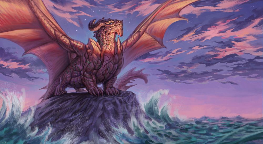 Digital painting of a chonky bronze dragon with faint scars all over his body facing the sunset, upper part of his body is lit by the bright sun. He's standing on a cliff with waves crashing against it, looking far away across the sea 