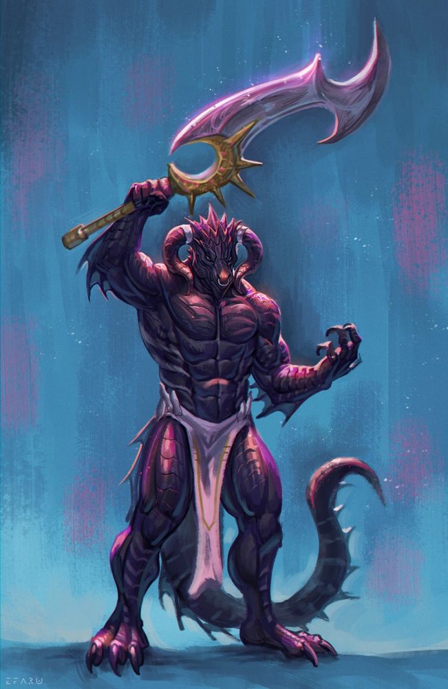 Digital painting of a muscular anthro dragon character. He has dark scales and holds up a sword over his head in a victorious pose 