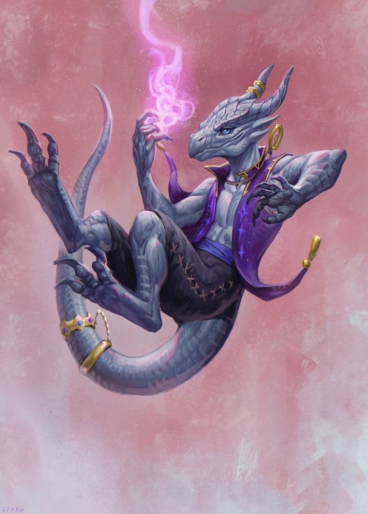 Digital painting of a silver-scaled kobold character who is smiling mischievously. He's floating in the air and casting a spell with his right hand 