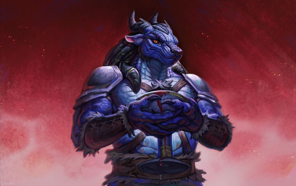 Digital painting of a blue anthro dragon with some canine features. He stands against red background, holding a big chalice in his hands. 
