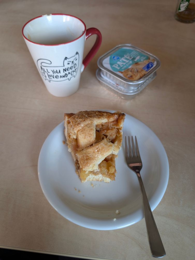 Apple pie, cat food, and a coffee cup with a cat saying "all you need is love and a cat"
