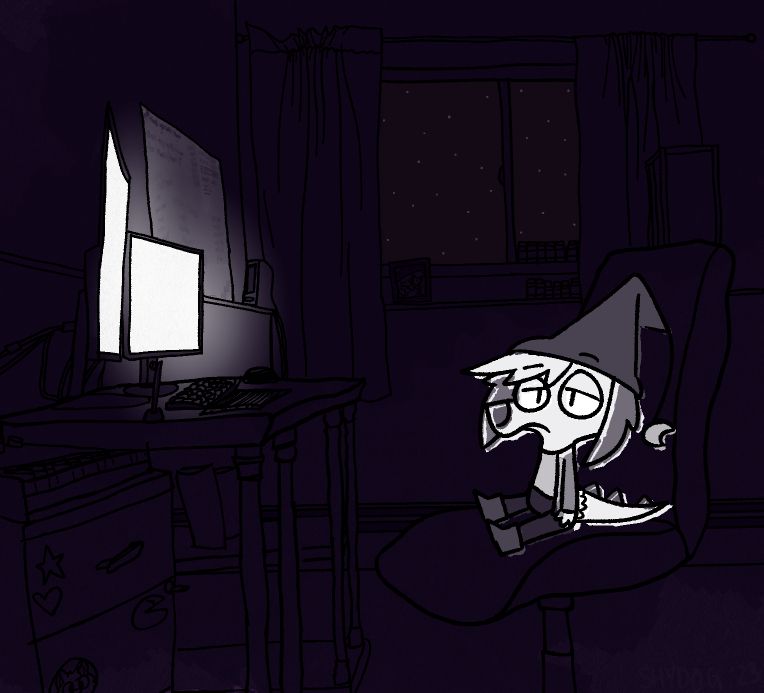 a frowning anthropomorphic dog sitting at their computer at night in a dark room