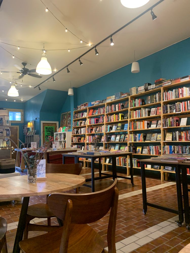 The interior of a bookstore.