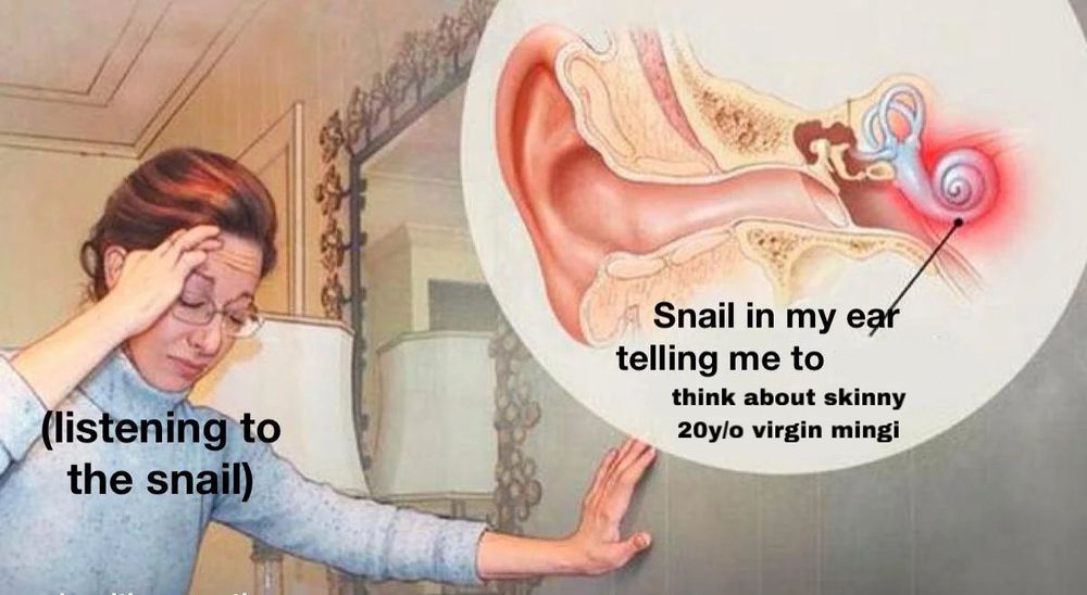 Snail in my ear meme where the text reads: “snail in my ear telling me to think about skinny 20y/o virgin mingi”