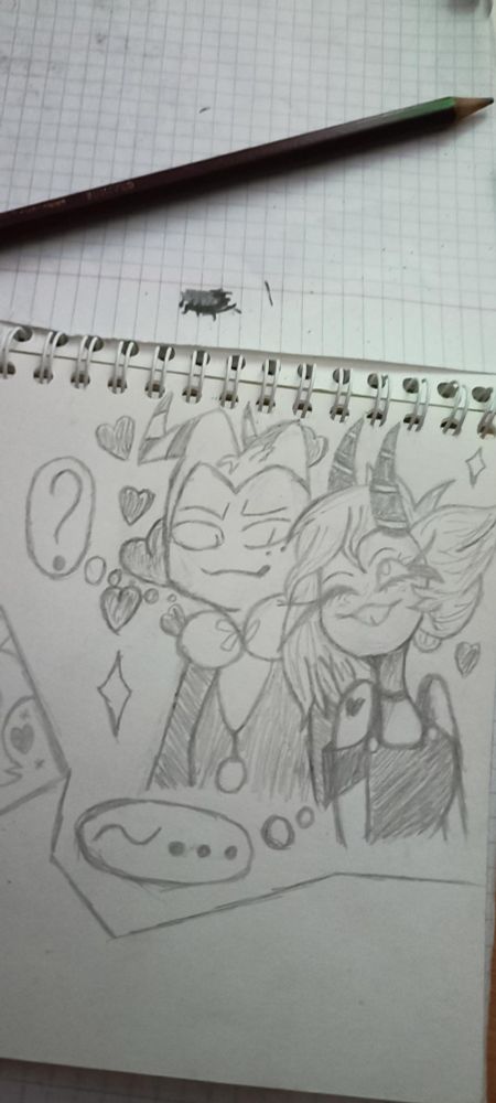 A cute pencil drawing featuring two characters from Helluva Boss. Specifically Moxie and Millie. Who are flirting with each other~

About two years ago, a girl showed me a cool cartoon(18+) whose action takes place in hell with interesting characters and events. And how glad I am that she did. At the time I was going through some really bad stuff in my life, let's just say. This cartoon was one of the things that helped me get through it. I didn't like it right away, but the girl got me to like it, and I thank her very much for that

After a short time, by the way, we took these characters as our common alter egos, because we both found in them some similarities with us.

Anyway, it quickly became a groovy amusement that to this day dilutes the serious gray tones of life with its bright and warm colors


Года два назад девушка показала мне прикольный мульт(18+), действия которого происходят в аду с интересными персонажами и событиями. И как же я рад что она это сделала. В то время у меня была кое какая очень плохая полоса в жизни, скажем так. Этот мульт стал одной из тех вещей что помогла мне её преодолеть. Правда он мне не сразу понравился, но девушка добилась того чтобы я его полюбил, за что ей большое спасибо

Спустя короткое время кстати, мы взяли этих персонажей как некое наше общее альтер эго, потому что мы оба нашли в них некоторые скажем так сходства с нами

В общем, это быстро стало прикольной забавностью, которая и по сей день разбавляет серьёзные серые тона жизни своими яркими и теплыми красками