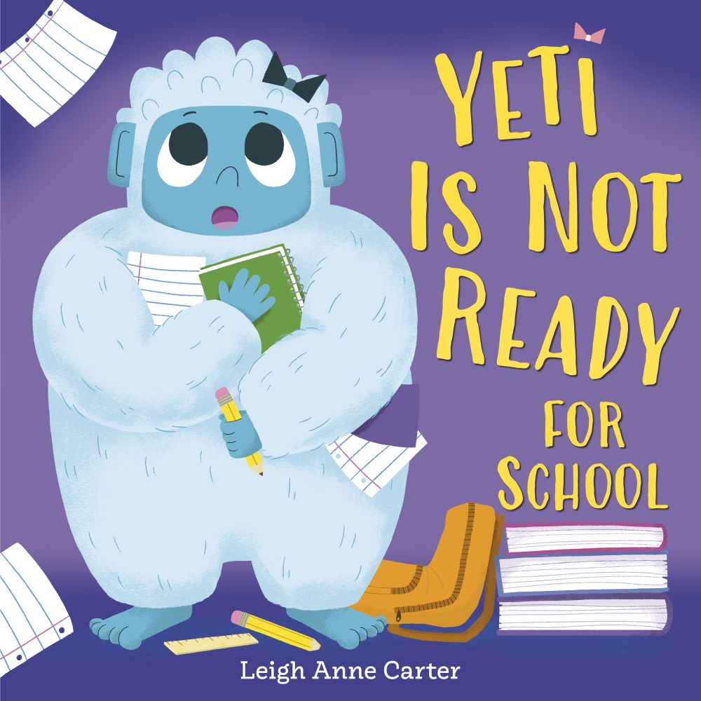 Yeti is blue and wears a dark blue bow in her fur. She’s struggling to hold her school supplies and some have fallen out of her hands onto the floor. She has a trepidatious look. 