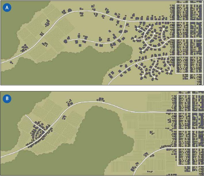 In top illustration, a scattered pattern of conventional suburban sprawl. In lower illustration, a cluster development pattern can provide the  same total amount of housing as the scattered pattern, but is much safer and more effective because it retains (or creates) a protective
“agricultural-urban interface” near the existing
residential core, with clustered development and a
protective agricultural-urban interface farther away.
