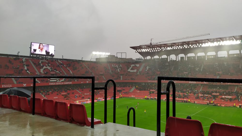 The empty stands at half-time at the Ramon Sanchez-Pizjuan mainly due to the rain, as the offerings at the refreshment kiosks weren't worth queueing for.
