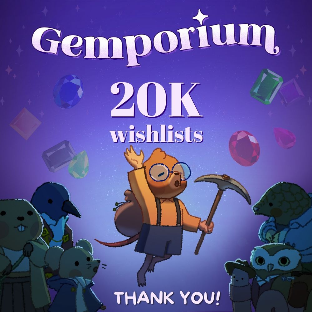 A graphic of the Gemporium Key Art that has text that says "Gemporium at 20k wishlists! Thank you!"