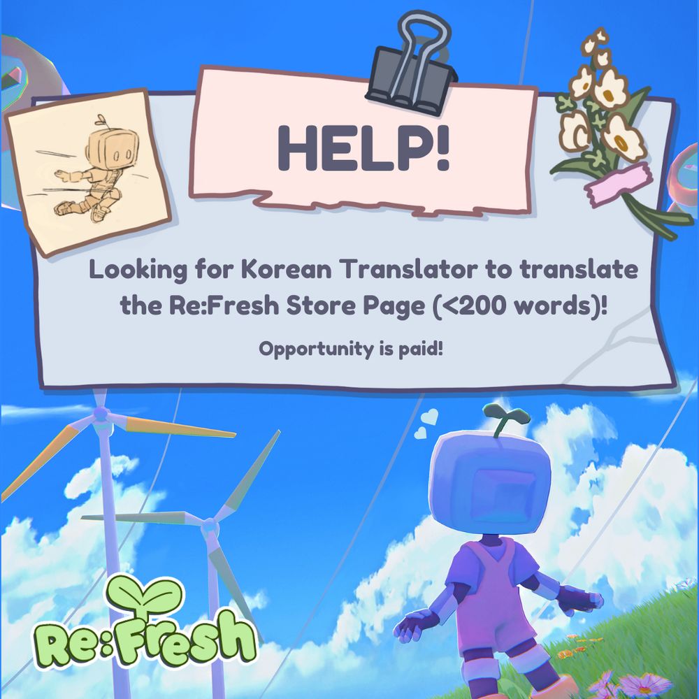 An image that says "Help! Looking for Korean Translator to translate the Re:Fresh Store Page (<200 words)! Opportunity is paid"