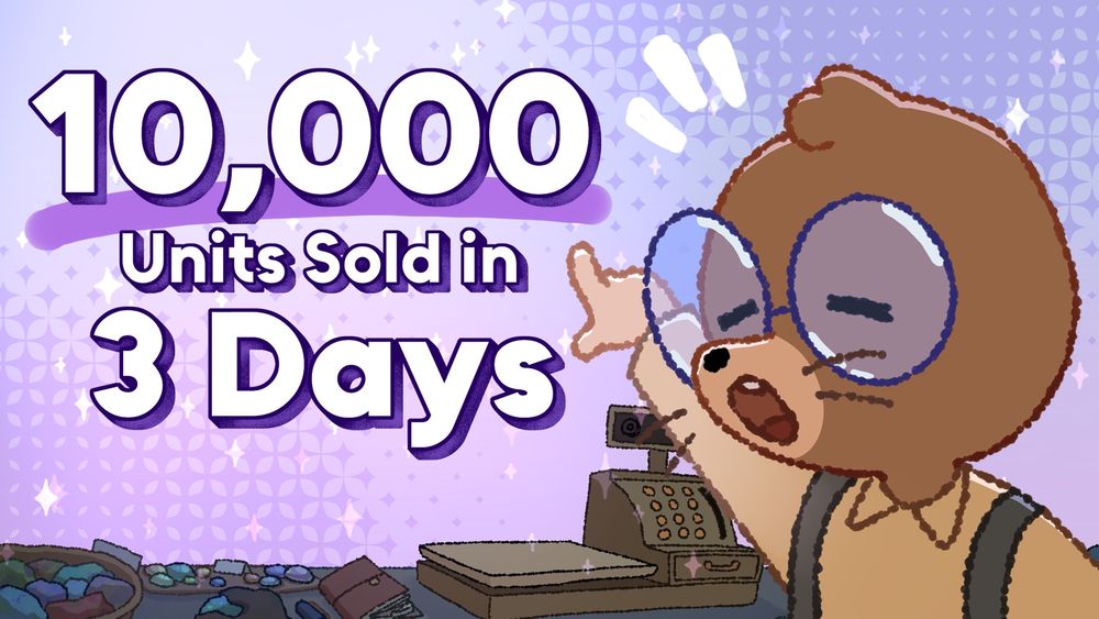 A picture of Moel from Gemporium pointing at text in the shop that says “10,000 units sold in 3 days”