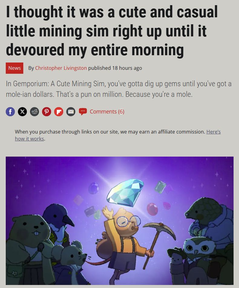 A PC Gamer article review with the title "I thought it was a cute and casual little mining sim right up until it devoured my entire morning" by Christopher Livingston